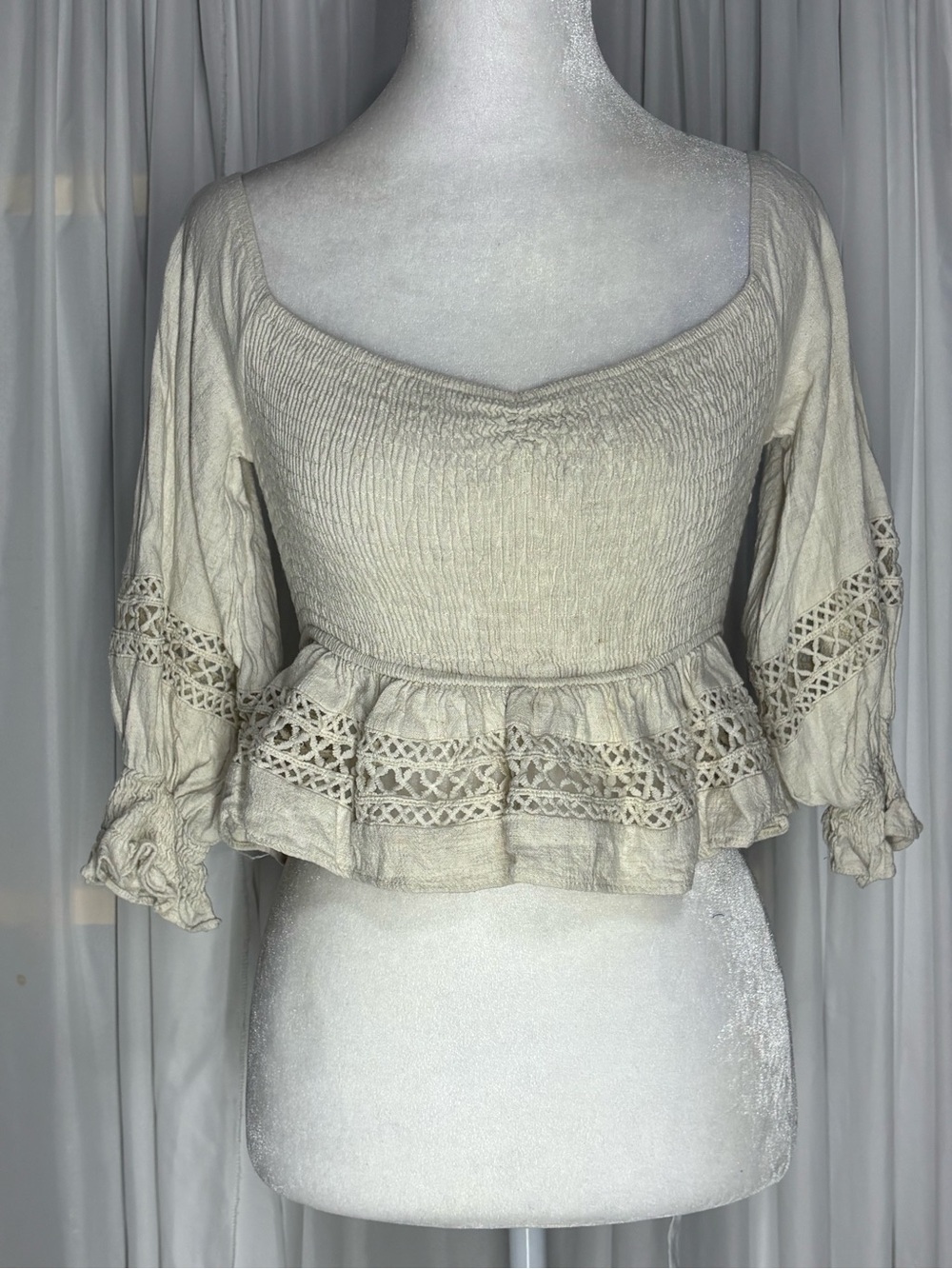 Fore Bohemia Style Cream Peplum Lace-Trim Peasant Crop Top Size S